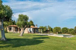 a stone house with a tree and a swimming pool at Sithonian Blue Royal Villa in Nikiti