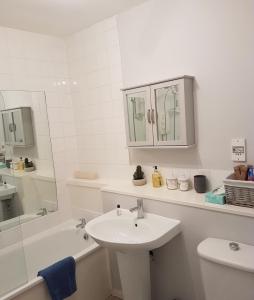 エディンバラにあるSpacious Modern Stockbridge/New Town Apartmentの白いバスルーム(洗面台、トイレ付)