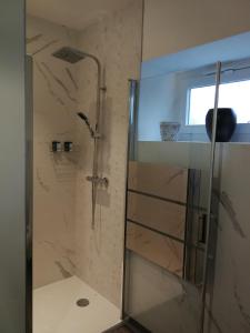 a shower with a glass door in a bathroom at Le Dauphin in Chabeuil