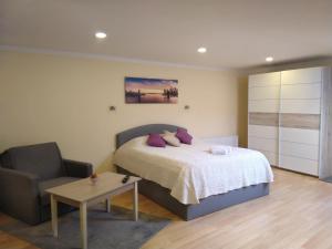 um quarto com uma cama, uma cadeira e uma mesa em Tukums apartments em Tukums