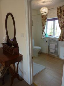 a bathroom with a toilet and a mirror and a table at Maunditts House in Malmesbury