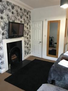 sala de estar con chimenea y TV en la parte superior en Castle Gate, en Alnwick