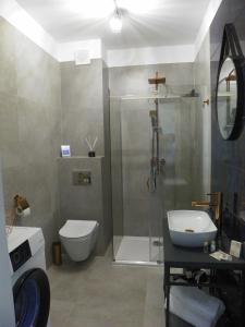 W łazience znajduje się prysznic, toaleta i umywalka. w obiekcie LIRA Apartament w Gdańsku