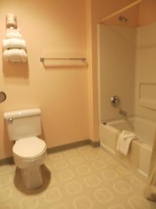 a bathroom with a white toilet and a bath tub at Saddle West Casino Hotel in Pahrump
