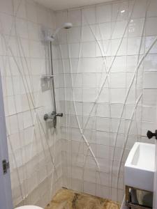 a bathroom with a shower with a toilet and a sink at The Ceramic House in Brighton & Hove