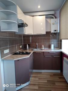 a kitchen with brown cabinets and a sink at Sparta Apartments Bastrakovi in Narva