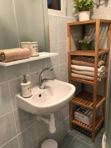 a bathroom with a sink and a shelf with towels at Taneček - malý apartmán u rodinného domu in Stvolínky +35 photos