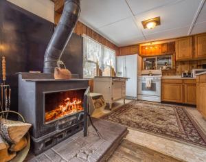 - une cuisine avec une cheminée et une cuisinière dans l'établissement Zuni's Cabin, à Leadville