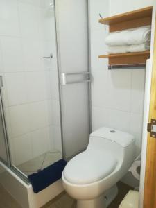 uma casa de banho com um WC e uma cabina de duche em vidro. em Huaraz Apartamentos em Huaraz