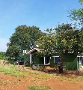 una casa verde con un árbol delante en AARRAAMS Farms & Resorts, en Masinagudi