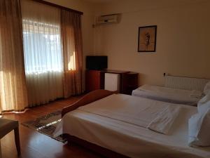a hotel room with two beds and a window at Vila Orhidee in Eforie Nord