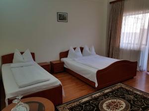 a hotel room with two beds and a rug at Vila Orhidee in Eforie Nord