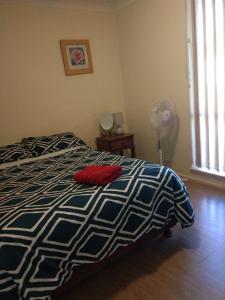 a bedroom with a bed with a red pillow and a fan at Airport budget room in Perth