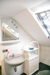 a bathroom with a sink and a mirror at Hohes Ferienhaus in Heiligenstadt