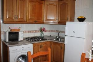 a kitchen with a white refrigerator and a white microwave at Apartamentos Rurales Rosendo: El Romero in Capileira