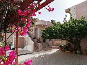 a courtyard with pink flowers and stairs in a building at Evina Rooms & Suites in Kokkíni Khánion