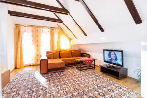 a living room with a couch and a tv at Pensiunea Dor de munte in Bran