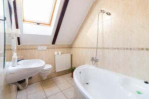 a bathroom with a sink and a tub and a toilet at Pensiunea Dor de munte in Bran +54 photos