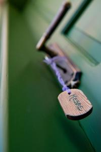 a close up of a door handle on a green door at Kesre Hotel in Alacati