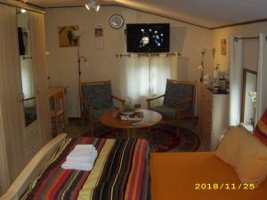 een kamer met een bed en stoelen en een televisie bij B & B Gross Methling in Dargun