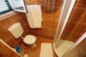 uma casa de banho com um WC e um chuveiro em Apartment and rooms Roko em Zaglav