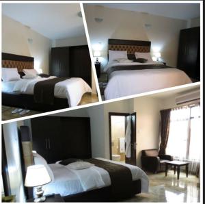 Dos fotografías de una habitación de hotel con dos camas. en Airport Plaza Hotel, en Yuba