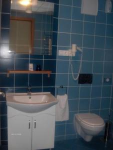 a blue bathroom with a sink and a toilet at Panzió Sissi in Gödöllő