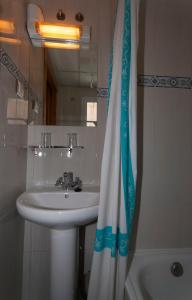 a bathroom with a sink and a shower curtain at Hostal Goyma II in San Fernando de Henares