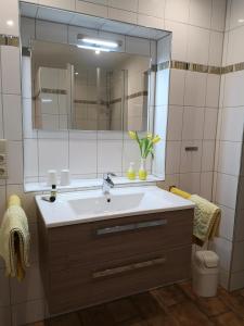 ein Badezimmer mit einem Waschbecken und einem großen Spiegel in der Unterkunft Pension Arndt UG in Wangerland