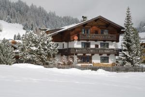 ein großes Holzhaus im Schnee mit Bäumen in der Unterkunft Ferienhaus Aurora in Kals am Großglockner
