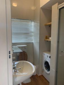 uma casa de banho com um lavatório e uma máquina de lavar roupa em Stern self catering apartments em Windhoek
