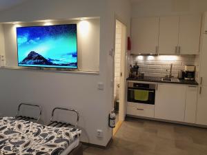 a kitchen with a bed and a tv on the wall at PAX Apartments in Lund