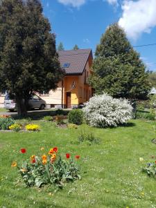 a house with a yard with flowers in the grass at NOCLEGI U STASI in Cisna