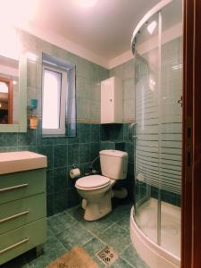 a bathroom with a toilet and a glass shower at Spacious Apartment near Peles in Sinaia