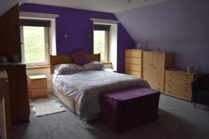 a bedroom with a bed with purple walls and windows at Bridgehill Cottage Bed & Breakfast in Crieff