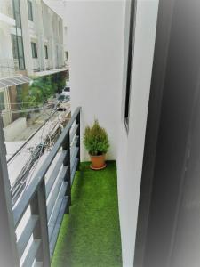 d'un balcon avec de l'herbe verte et une plante. dans l'établissement Live like a local in Ekkamai, à Bangkok