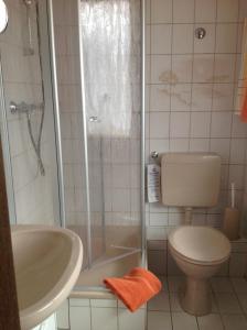 e bagno con doccia, servizi igienici e lavandino. di Gästehaus Ruth Andrae a Bruttig-Fankel