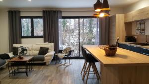 cocina y sala de estar con sofá y mesa en MAISON FAMILIALE 3 ch. au CENTRE D'AX, en Ax-les-Thermes
