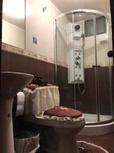 y baño con ducha, aseo y lavamanos. en Hotel Los Ilinizas, en Latacunga