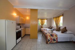 a living room with two beds and a kitchen at Serenity Apartments in Canaan