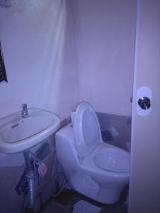a bathroom with a white toilet and a sink at Overview Hostel in Loon