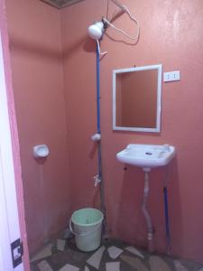 ein Badezimmer mit einem Waschbecken, einem Spiegel und einem WC in der Unterkunft Overview Hostel in Loon