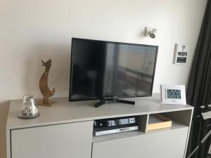 デ・パンネにある50 Zeedijkのエンターテイメントセンターの上に座って薄型テレビを見ることができます。