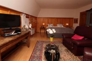 ein Wohnzimmer mit einem Bett, einem Sofa und einem TV in der Unterkunft Domaine Jean Sipp in Ribeauvillé