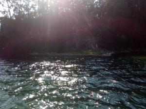 a river with the sun shining through the trees at Casas Cuncheiro in Canduas