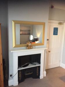 a living room with a fireplace and a mirror at Holly Lodge in York