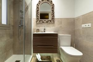 a bathroom with a toilet and a sink and a mirror at Hostal Boutique Plaza Cantarero in Nerja