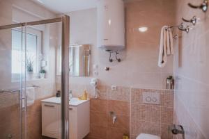 a bathroom with a shower and a toilet and a sink at Poolside Hideout Apartments in Novalja