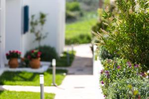 un giardino con piante fiorite e una casa bianca di Triton Sea View Villa a Georgioupolis