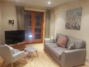 uma sala de estar com um sofá, uma televisão e uma cadeira em Molesworthcourt Suites em Dublin